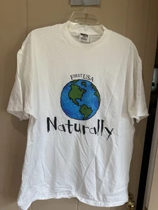 Vintage Oneita Power Pro First USA Naturally T-shirt XL 90s Banking Promo Earth - Picture 1 of 3