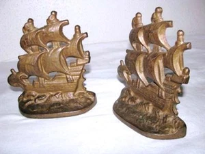 ANTIQUE NAUTICAL GALLEON SHIP SAILBOAT SCHOONER FRIGATE BOOKENDS BOOK ENDS - Picture 1 of 1