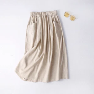 Women Cotton Linen Skirt with Pockets A-line Half Dress Artistic Retro Casual - Picture 1 of 14