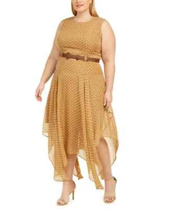 Calvin Klein Brown Polka Dot Belted Sleeveless Handkerchief Maxi Dress Size 24W - Picture 1 of 11