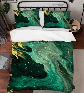 3D Green Gold Texture Marble Quilt Cover Set Bedding Sets Pillowcases Queen - Picture 1 of 7