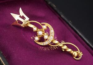 Antique French 18k Trident Crescent Pearl Diamond Pin Brooch 2" OG385