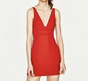 NWT Zara Trafaluc Red Plunge V Neck Lace Front Mini Dress Size Small - Picture 1 of 6