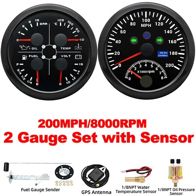 85mm Black GPS Speedometer 200MPH W/Tacho&4 IN 1 Gauge With Sensor for Boat Car  - Image 1 of 4