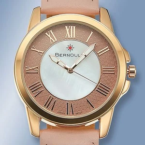 NEW Bernoulli 9843 Faun Womens Fashion Pink Leather Band Gold Metal Bezel Watch - Picture 1 of 2