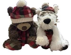 2 Gentle Treasures Plüsch weiß Scotty Hund & Braunbär St Jude Urlaub kariert Hut - Bild 1 von 22