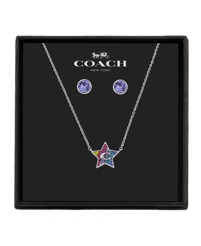 Logo COACH SET 3 PZ Cristalli Rossi Blu Pavimentazione Argento Collana & Orecchini a Borchie + SCATOLA