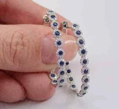 3Ct Round Cut Lab Created Sapphire & Diamond Hoop Earrings 14K White Gold Plated - Image 1 of 4