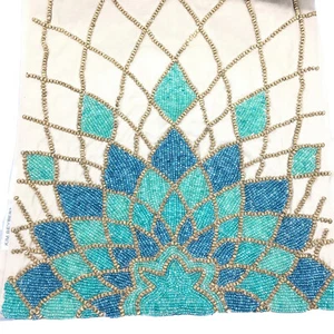 Kim Seybert Beaded Turquoise Teal Blue Gold Table Runner Formal Designer 14x72 - Picture 1 of 18