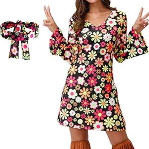 Mujeres Hippie Hippy Vestido Elegante Disfraz Años 60 70 Groovy Flower Power Conjunto Escenario - Imagen 1 de 12