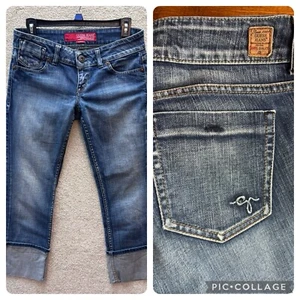 Guess Jeans Women 27 (Fits 30x25) Denim Folded Hem Crop y2k Embroidered Low Rise - Picture 1 of 12