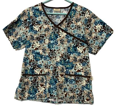 Scrub Top Women Size S Multicolored Flowers V-Neck Cotton Pullover TAFFORD - Image 1 of 4