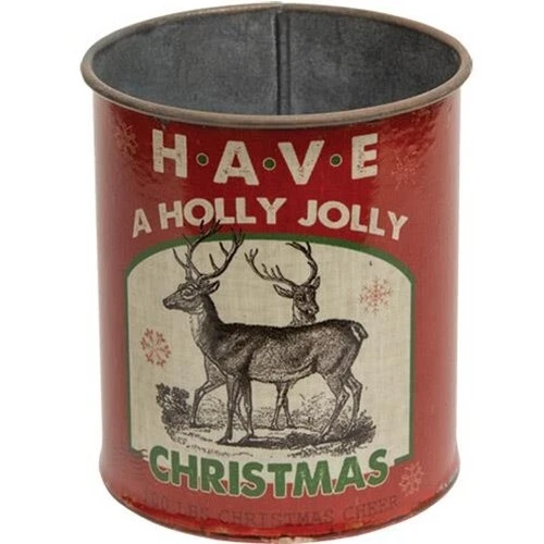 NEW Primitive CHRISTMAS Reindeer Holly Jolly Can Metal Bucket Canister 4"H - Image 1 of 1