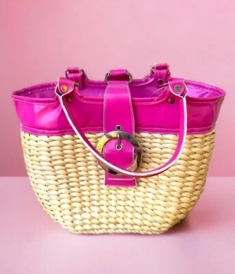Pink Straw Satchel Bag Purse Tote Basket Bucket Retro Flower Lining Snap Flap - Image 1 of 4