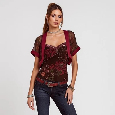 Vintage Y2K Silk Cami Top Set US S Brown Red Floral Beaded Whimsigoth Camomilla - Image 1 of 4