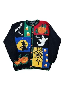 Vintage Halloween Sweater Hand Knit Cardigan Ghost Witch 80s Size Large Women - Picture 1 of 6