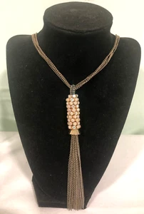Tassel Pendant Necklace Iridescent Stones Gold tone extra long Triple Chain - Picture 1 of 8