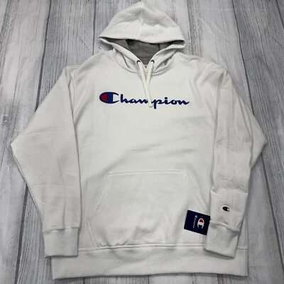 NUEVO CON ETIQUETAS Champion Script Logo Sudadera con Capucha XL Pullover Blanco Entrenamiento Informal Para Hombres Foto 1 de 4
