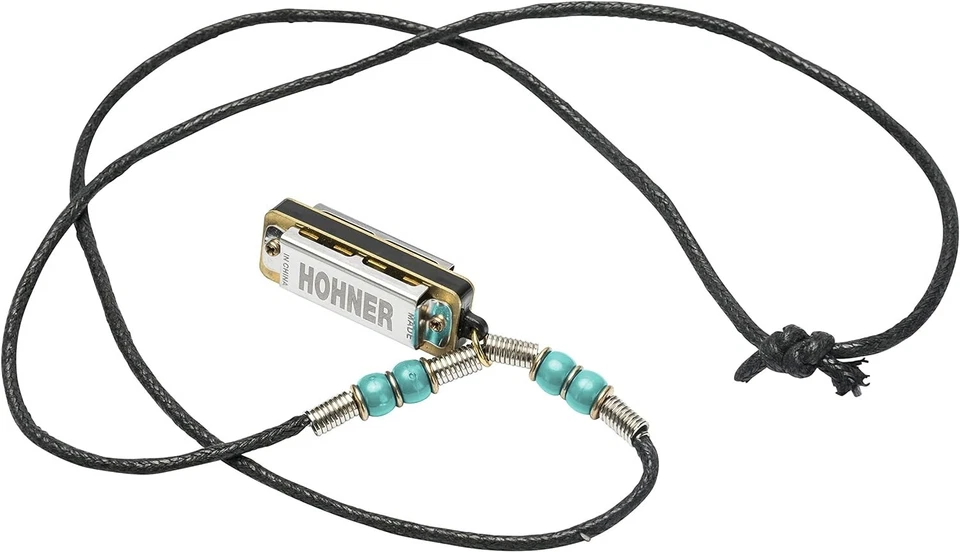 Real Playable Hohner Mini Harmonica Necklace in Key of C, Model M38N - Light Blu