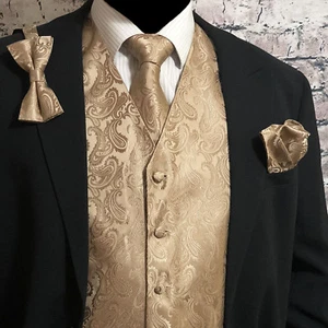 Mocha Tan XS-6XL Paisley Tuxedo Dress Vest Waistcoat & Neck tie & Bowtie & Hanky - Picture 1 of 4