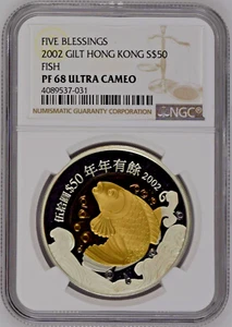 2002 Gilt Hong Kong 50 Dollars Silver Proof Coin - Fish - NGC PF 68 ULTRA CAMEO - Picture 1 of 4