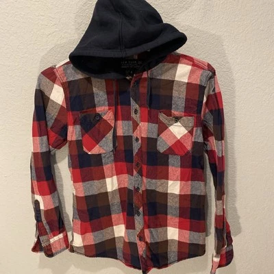 Camisa de franela con capucha de hilo crudo para niños talla L roja a cuadros negra NYC LA capucha botón #X Foto 1 de 4