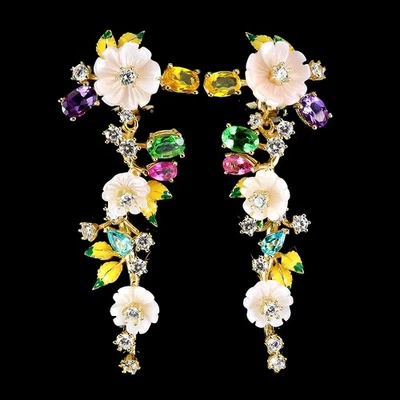 925 Sterling Silver Earrings Oval Mix Topaz 6x4mm Mop Flower Gemstone Jewelry - Image 1 of 4