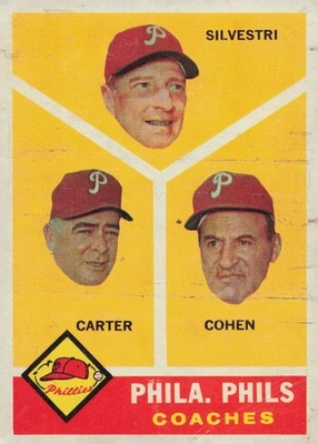 1960 Topps Baseball Card #466 Phillies Coaching Staff Silvestri/Carter/Cohen - Image 1 of 2