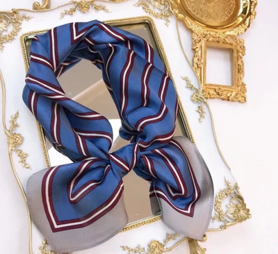 100% Mulberry Silk Square Scarf Bandanna 70X70cm Blue line Print Shawl wrap new - Image 1 of 2