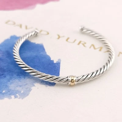 David Yurman Sterling Silver & 14k Gold Station 4mm Cable  7" In FLEX Bracelet - Image 1 of 4