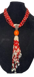 Antique Necklace Large Amber Resin Pearls Old Silver Classy Boho Tribal 40” Long - Picture 1 of 12