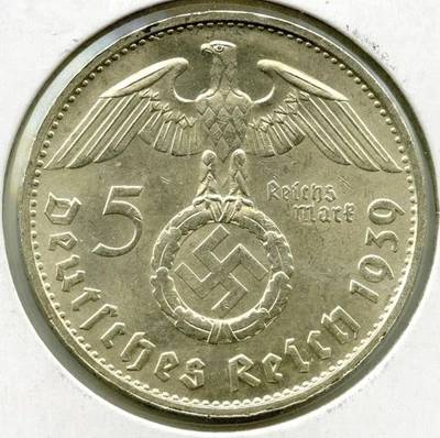 Moneda de plata 1939 Alemania Reich alemán 5 marcos Paul von Obbsburg - P369 Foto 1 de 2