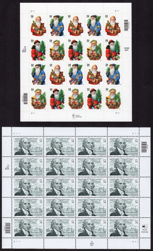 Scott #3540b-3545 Santa & James Madison Sheet of 20 Stamps MNH - Image 1 of 1