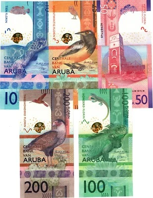 2019 Aruba 10, 25, 50, 100, 200 notas de florim conjunto completo UNC - Imagem 1 de 4