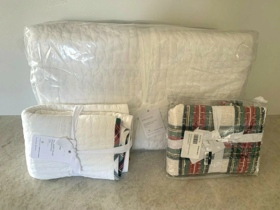 Pottery Barn Pick-Stitch STEWART cotton plaid FULL QUEEN quilt shams REVERSIBLE - Image 1 of 3