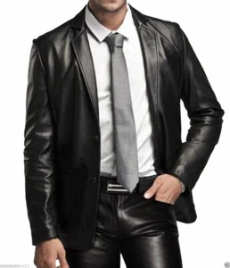 Men's Black Leather Blazer Genuine Lambskin Leather Slim Fit Party & Office Coat - Picture 1 of 12