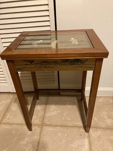 Antique Wooden Table With 3D Painting In Glass, Hand Painted Rare Item Cover