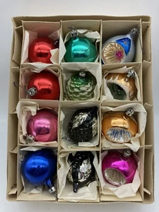 Vintage 12 kleine (1,75") EINZUG ~ OBST ~ KUGEL Glas Weihnachten Glimmer Ornamente Polen - Bild 1 von 21