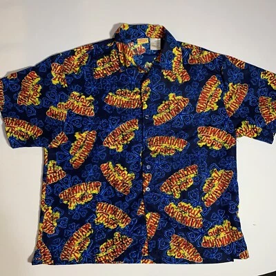 Hawaiian Tropic Brand Mens XL Short Sleeve Shirt Button Up Blue Red Yellow Logo - Image 1 of 4