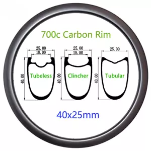 700c 40mm Rennrad Carbon Felge 25mm Breite Tubeless Drahtreifen Schlauchscheibe V-Brake - Bild 1 von 18