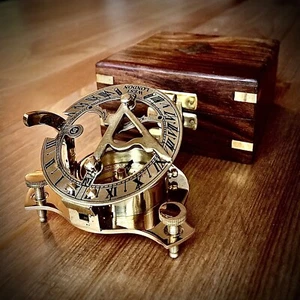 Brass Sundial Compass 3” Inch w/ Beautiful Wooden Box Antique Vintage Style Gift - Picture 1 of 6