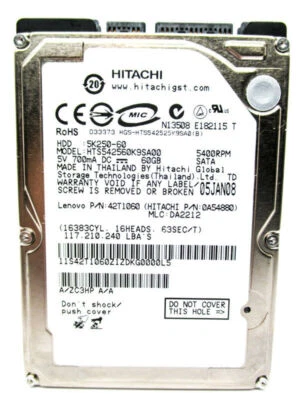 Hitachi 60GB HTS542560K9SA00 SATA 0A54880 DA2212 HardDrive 42T1060 WIPED&TESTED! - Image 1 of 2