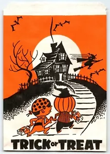 Sac goodie Halloween vintage truc ou friandise maison hantée chauves-souris sorcière sur balai - Photo 1/2