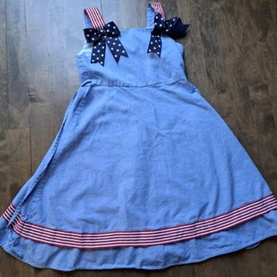 Bonnie Jean Girls Dress S 7 RED denim america WHITE BLUE Patriotic July 4 ribbon - Image 1 of 4