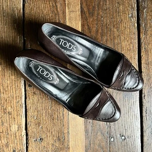 TODS Women's Driving Heels Penny Loafer Size UK 6 Hand Made in Italy Chocolate - Picture 1 of 18