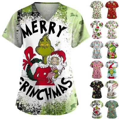 Women Christmas Grinch Nursing Uniform Scrub Short Sleeve Top With Pocket Blouse - Image 1 of 2