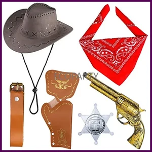 Accessori Costume Cowboy Cappello Cowboy Bandana Pistole Giocattolo con Fondine Cintura - Foto 1 di 26