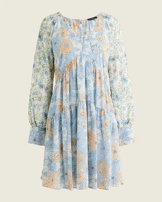 J Crew Long-sleeve crinkle chiffon dress mixed floral Size 0 Sky Blue PocketsNWT - Image 1 of 4