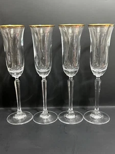 Mikasa Wheaton Lead Crystal Champagne Flutes 9 3/4"h Set of 4 Clear w/Gold Rim - Picture 1 of 14