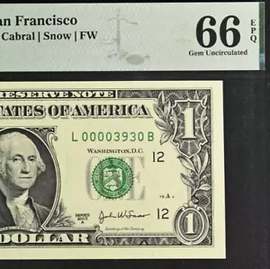 2003A $1 Federal Reserve Note PMG 66EPQ popular wanted low serial number 3930 - Picture 1 of 3